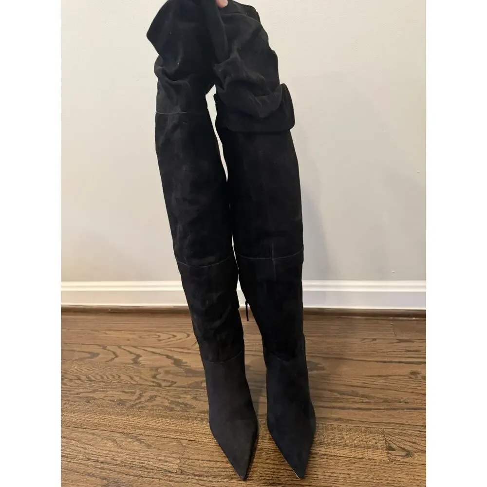 Schutz Ashlee Over The Knee Boots Black Suede Leather 8 NEW $238